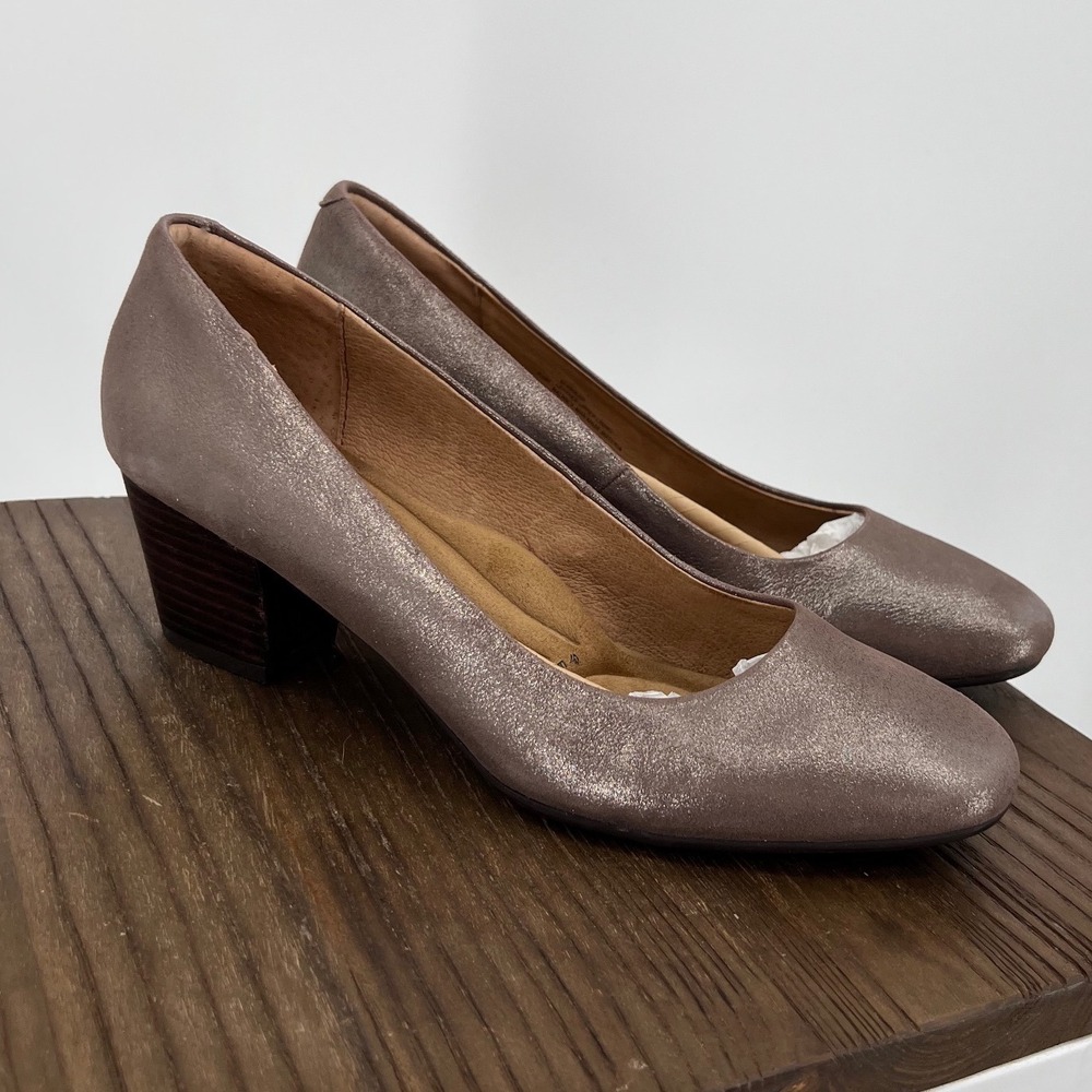 Sofft Lindon Metallic‎ Taupe Leather Block Heel Pumps Womens 8.5 M